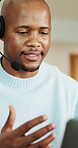 Call center, laptop or black man with microphone, contact us or investment advice in crm service. Assistance, tech or finance consultant with headset, online banking or feedback in loan support.
