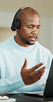 Call center, headset or black man with laptop, contact us or investment inquiry in crm service. Assistance, tech or finance consultant with microphone, online banking or feedback in loan support.