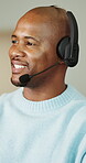 Call center, advice or black man with headset, contact us or investment inquiry in crm service. Assistance, tech or finance consultant with microphone, online banking or feedback in loan support.