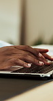 Hands, person and typing in home with laptop, research and finance report for mortgage payment. Message, keyboard or house with pc for email, review budget and loan application for household expenses