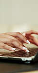 Woman, hands and typing in office with laptop, copywriting proposal and research for marketing project. Person, browsing and copywriter in business with computer, advertising campaign and website.