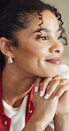 Smile, thinking and woman in home with memory, nostalgia or reflection for good news on weekend. Happy, relax and female person in house with calm for planning in living room with positive attitude.