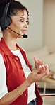 Call center, advice or woman in home office with headset, contact us or investment guide in remote work. WFH, tech or finance consultant with mic, online banking or crm service in loan support.