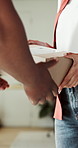 Box, hands and delivery with woman by house for ecommerce, online order or purchase with logistics. Happy, parcel and courier with female customer for cardboard package at home for distribution.