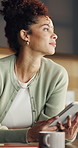 Woman, thinking and remote work in home with tablet, research and inspiration for marketing campaign. Freelancer, person and reflection in house with tech, creative idea and plan for brand awareness.