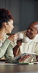 Cheers, coffee or couple in home with tablet, savings growth or success in financial management. Happy, digital or African people with toast, budget achievement or celebration on investment goals.