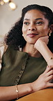 Thinking, woman and relax in lounge with smile, vision and perspective of weekend break. Happy, female person and daydreaming at house with reflection, positive attitude and mindset for calm morning