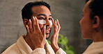 Skincare, couple and eye mask in bathroom, help and laugh with facial treatment for vitamin c. Man, woman and apply patches for dermatology with beauty care, funny and collagen with love at home