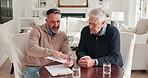 Agent, man and meeting with document in home for housing options, mortgage equity or disclaimer. Realtor, mature people and disclosure paperwork for retirement planning, estate agreement and feedback