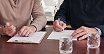 Hands, agent or old man with document sign in home for medicare application, compliance or help. Contract, insurance broker and senior client signature for retirement policy, waiver or long term care