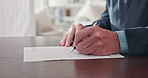 Senior, hands and writing with documents for financial agreement or pension application in home. Elderly, person or signature with paper, form or legal contract for asset management or deal in house
