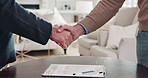 Senior, people or handshake with financial advisor for contract, pension application or deal in home. Elderly, client or shaking hands with documents for retirement plan or legal agreement in house