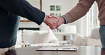 Clipboard, shaking hands and business men in home for finance deal, negotiation or contract. Documents, partnership and male financial advisor shaking hands with customer for investment in house.