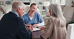 Consultation, home and nurse with senior couple for medical diagnosis or treatment planning. Clipboard, people and healthcare worker with elderly patients for results in checkup at apartment.
