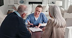 Clipboard, home and nurse with senior couple for medical diagnosis or treatment planning. Discussion, people and healthcare worker with elderly patients for feedback on results in checkup at house.