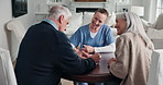 Elderly, nurse and happy couple with signature in home for healthcare agreement or medical contract. Senior, man and woman with caregiver, application or form for health insurance or deal in house