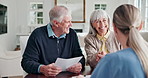 Senior, handshake or happy couple with nurse for deal, contract or healthcare plan in home. Elderly, man and woman shaking hands with caregiver or documents for legal agreement or life insurance