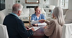 Elderly, nurse and happy couple with handshake in home for healthcare agreement or medical contract. Senior, man and woman shaking hands with caregiver or form for health insurance or deal in house