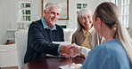 Elderly, handshake or happy couple with nurse for deal, contract or healthcare plan in nursing home. Senior, man and woman shaking hands with caregiver or documents for agreement or life insurance