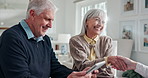 Senior, handshake and happy couple with nurse or tablet for health insurance or retirement in home. Excited, elderly man and woman shaking hands with caregiver or technology for deal or agreement