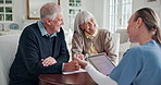 Senior, nurse and happy couple with tablet in home for healthcare plan, insurance or health advice. Elderly, man and woman with smile, technology or caregiver for online medical application together