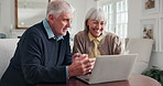 Happy, laptop and senior couple in home with planning retirement funds, savings or investment payout. Smile, technology and elderly man with woman on computer for financial growth in apartment.