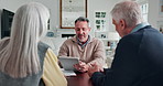 Lawyer, meeting and old couple in home with tablet, consulting and financial advice for retirement. Advisor, talk and digital at house with senior people, asset management and evaluation for pension