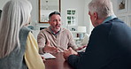 Meeting, old couple or agent on tablet in house for medicare options, long term care or help. Talk, senior clients or mature insurance broker with tech for plan cost review, explain policy or advice