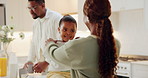 Parents, child and help in house with morning routine, conversation or getting ready for preschool. Mother, daughter and discussion in family home with care, assistance and preparation for education.