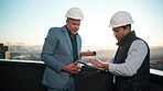 Architecture, tablet and talking with men on rooftop for city planning or project management. App, conversation and pointing with engineer team outdoor for property, real estate or urban development