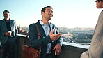 Business, real estate and talking with men on rooftop for city planning or urban development. Collaboration, conversation and property with architect people outdoor together for project management