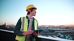 Construction, tablet and thinking with man on rooftop for city planning or project management. App, hardhat and vision with happy architect outdoor for property, real estate or urban development