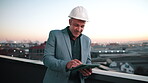 Property development, review or man on balcony with tablet, progress track or report on investment. Smile, space or mature architect with tech, evaluation or digital recording on building project.