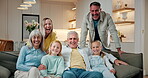 Face, laughing and visit with big family in living room of home for bonding, connection or relax. Children, grandparents and parents on sofa in apartment together for fun, generations or relationship