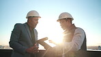 Architecture, discussion and tablet with men on rooftop for city planning or project management. App, conversation and flare with engineer team outdoor for property, real estate or urban development