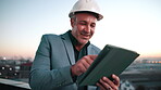 Hardhat, smile and tablet with architect on rooftop for city planning or project management. App, construction and scrolling with mature man outdoor for property, real estate or urban development