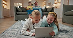 Family home, tablet and children on floor for learning, reading ebook and relax with sister. Tech, happy girls and bonding in lounge for educational app, talking and playing puzzle game with parents