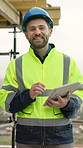 Architect, face and happy man with tablet on roof, construction and property development on website. Laughing, civil engineer and person with technology, confident and project management in Canada