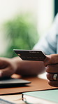 Person, hands or online shopping with credit card on laptop for payment or purchase in home. Banker, shopper or user with debit, banking app or computer for ecommerce or wireless transaction in house