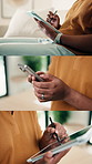 Series, hands and man in home with tech for internet, networking and website for remote work. Collage, house and person with phone, tablet and stylus for research, online report and freelance project