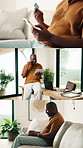 Business, technology and black man in home for economic development, montage or remote work. Male person, freelancer or series with tablet, phone call or laptop for online app, network or connection