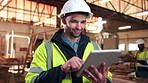 Construction, happy and man with tablet in workshop for inventory, stock management and research. Warehouse, scroll and person on digital tech for report, inspection and planning for infrastructure