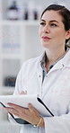Clipboard, woman and hands of scientist in laboratory with research for medical study, project or innovation. Checklist, glass wall and female biologist with notes on report for science experiment.
