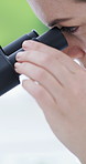 Woman, blood sample and microscope at lab for science, review or medical research for virus cure. Person, liquid and equipment with lens for bacteria, molecules or particles with vaccine development