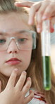 Science, learning and mom with children with test tube, creative lesson and teaching for bonding. Home, family and kids with experiment, safety glasses and liquid for research, education and curious
