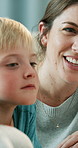 Happy, mother and children watching movie in home for bonding, connection and family on weekend. Smile, love and mom with kids for streaming film, show or series online together in apartment.