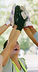 Volunteer, group or woman with high five in park, environment sustainability or recycling campaign. Celebrate, excited or happy team with eco goal of nature conservation, community service or success