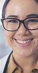 Face, doctor and woman in hospital, glasses and career ambition with healthcare protocols. Eyewear, professional and person in clinic, happiness and about us for medical service and clear vision