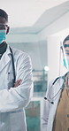 Face, doctor and woman in hospital with mask, hygiene and medical safety for protection. Portrait, people and surgeon team in workplace with goggles, virus prevention and healthcare ppe for wellness