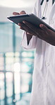 Medical, research or hands in hospital with tablet, patient diagnosis or report feedback in telehealth. Healthcare, space or doctor with tech, online consultation or record review for treatment plan.